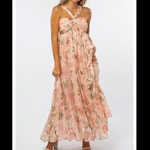 BigHit Peach Floral Halter Maxi Dress Boho Wedding Guest Tiered Chiffon Large ss